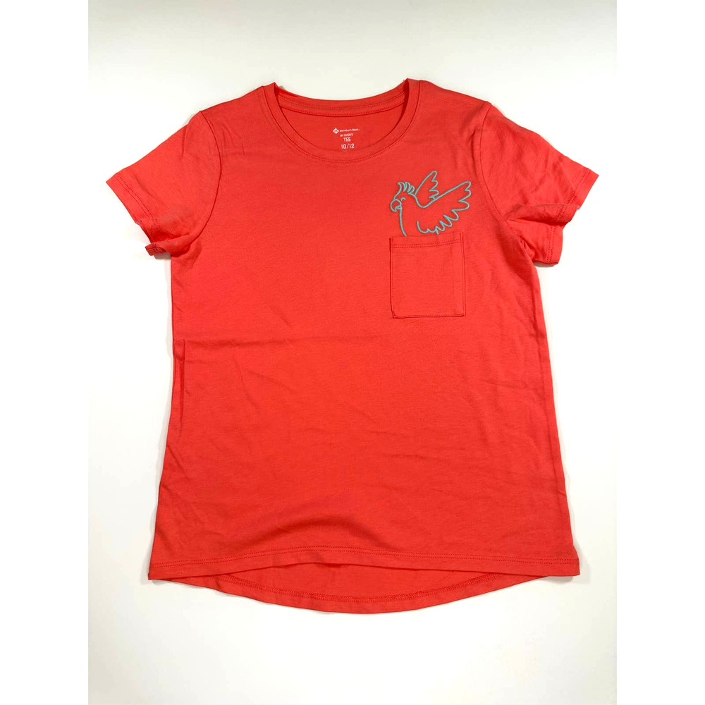 Girls Coral Colored Tee with Bird Embroidery - 10/12